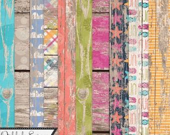 Beach Vacay 12 x 12 versleten houten patroonpapier digitaal plakboek, zomer