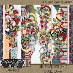 Kit de scrapbook digital com bordas de página de 12 polegadas Butterflies and BlueJeans - Scrapbooking digital