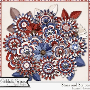 Stars und Stripes 4. Juli Schicht-Blumen, Elemente und Verzierungen Kit für digitales Scrapbooking
