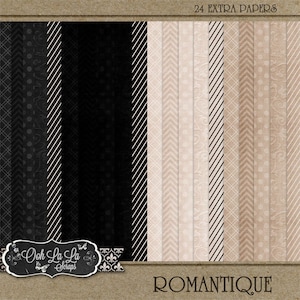 May include: A set of 24 digital papers in black, white, and beige with various patterns, including stripes, polka dots, and chevron. The papers are labeled "ROMANTIQUE" and are part of the "Ooh La La Scraps" collection.