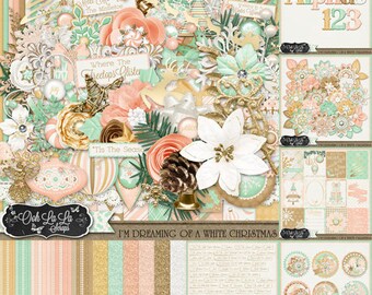 White Christmas Digital Scrapbooking Holiday Kit, Bundle Collection