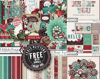 Valentine I Heart You Digital Scrapbook Kit Bundle, Downloadable