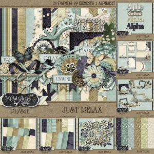 Puede incluir: Un kit de scrapbooking digital con una estética vintage. El diseño presenta papeles, elementos y un alfabeto en tonos de azul, beige y marrón. Los elementos decorativos incluyen mariposas, flores y cintas. El texto incluye "Just Relax" y "Ooh La La Scraps".