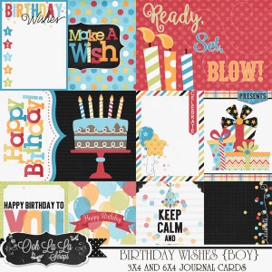 Geburtstagswünsche für Junge Pocket Scrap Karten, Digital Scrapbook Kit, Elemente, Verzierungen, Project Life