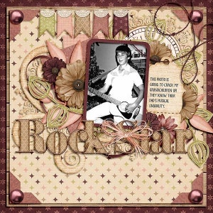 May include: A scrapbook page with a black and white photo of a person playing a guitar. The page has a floral and patterned design with the word "Rockstar" and text that reads "This photo is going to crack my grandchildren up! They know their dad's musical (in)ability."