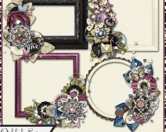 Our Love Story Valentine Cluster Frames,Elements,Embellishments, Digital Scrapbook Kit