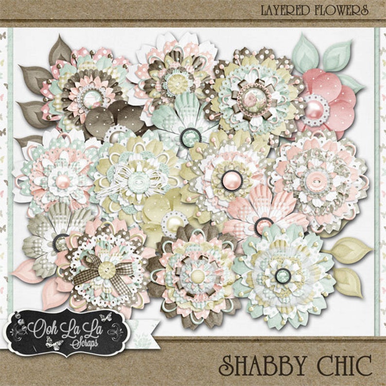 Shabby Chic,Layered Flower Elements,Clip Art,Digital Scrapbook Kit Scrapbooking