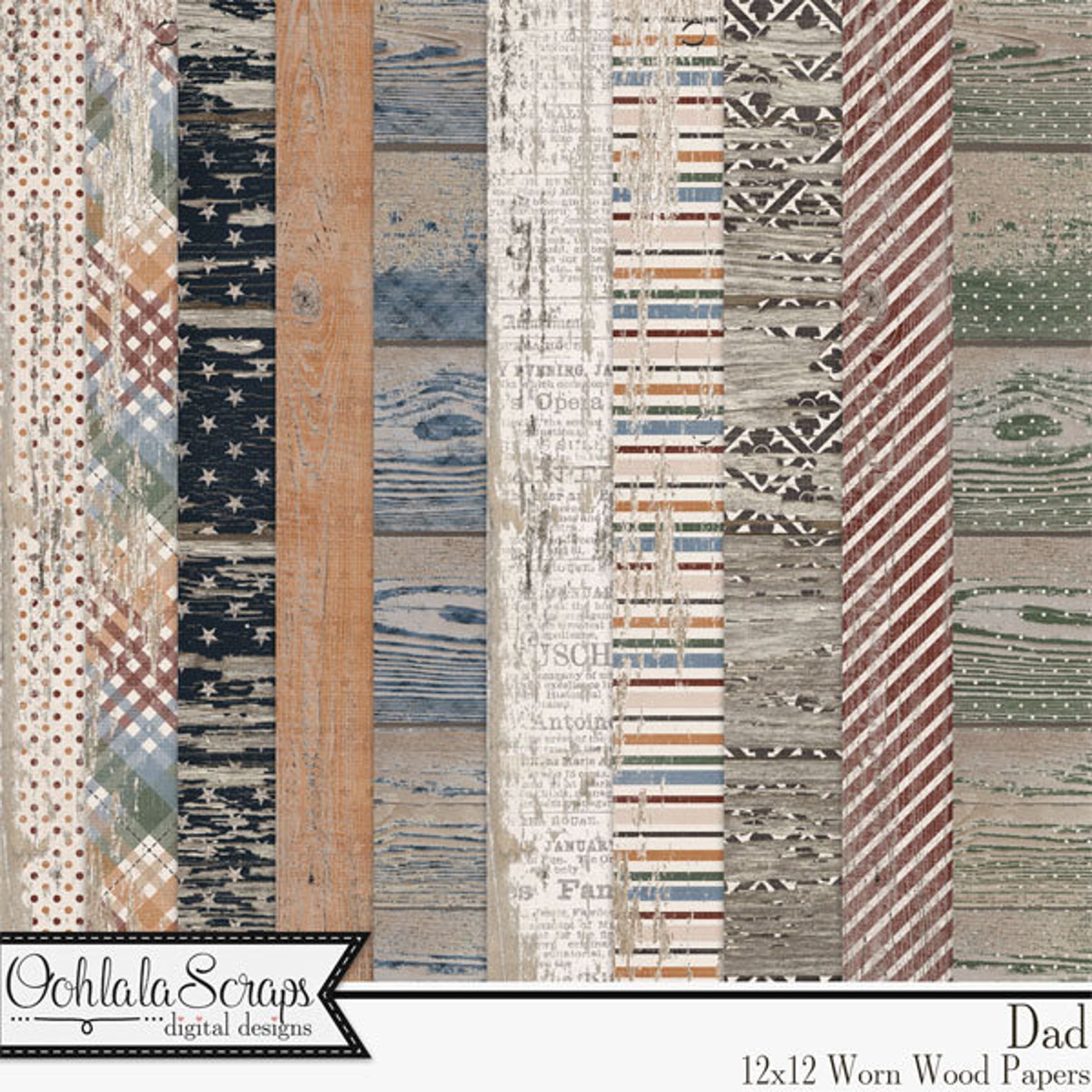 Dad 12x12 Worn Wood Shabby Pattern Papers and Backgrounds, Father's Day ...