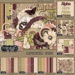May include: Digital scrapbooking kit with a vintage theme. The design features floral elements, butterflies, and clock faces in shades of burgundy, cream, and green. Includes patterned papers, embellishments, and text that reads "Remember When" and "Ooh La La Scraps".