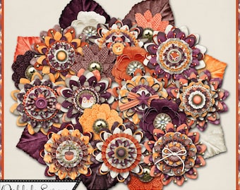 Zestaw do cyfrowego scrapbookingu, pokoloruj jesienne, warstwowe ozdoby kwiatowe, jesień