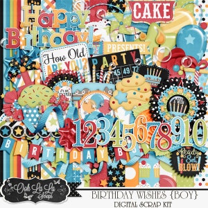 Kit de álbum de recortes digital con deseos de cumpleaños para niño