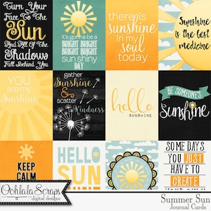 Kit de álbum de recortes digital de tarjetas de chatarra de sol, diario y bolsillo de verano, elementos y adornos de scrapbooking