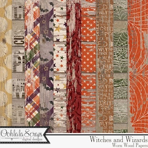 Witches and Wizards Halloween Worn Wood Papers Cyfrowy zestaw do scrapbookingu świątecznego