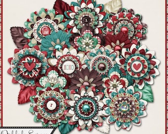 Valentine I Heart You Flowers Embellishments, Digital Scrapbook Kit Downloadable