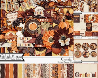 Grateful, Thanksgiving, Fall Digital Scrapbooking Holiday Kit, Bundle, Collection