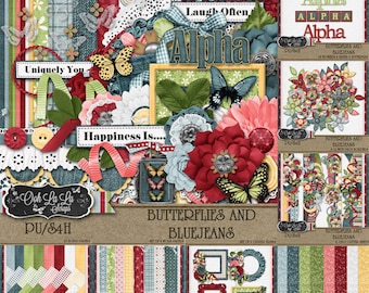 Butterflies and BlueJeans Collection Digital Scrapbook Kit - Digital Scrapbooking
