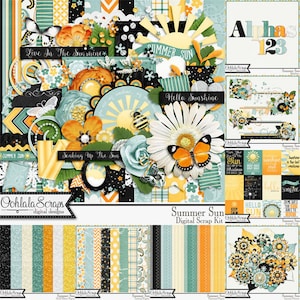 Summer Sun, digitaal plakboekpakket, plakboekelementen en versieringen, bundelcollectie