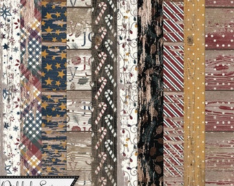 Cozy Christmas Holiday 12x12 Worn Wood Pattern Papers and Backgrounds, Holiday Digital Scrapbook Kit