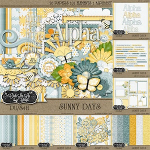 May include: A digital scrapbooking kit with a sunny day theme. The kit includes 26 papers, 101 elements, and 1 alphabet. The papers feature a variety of patterns, including polka dots, stripes, and floral designs. The elements include butterflies, flowers, and suns. The alphabet is in a whimsical font.