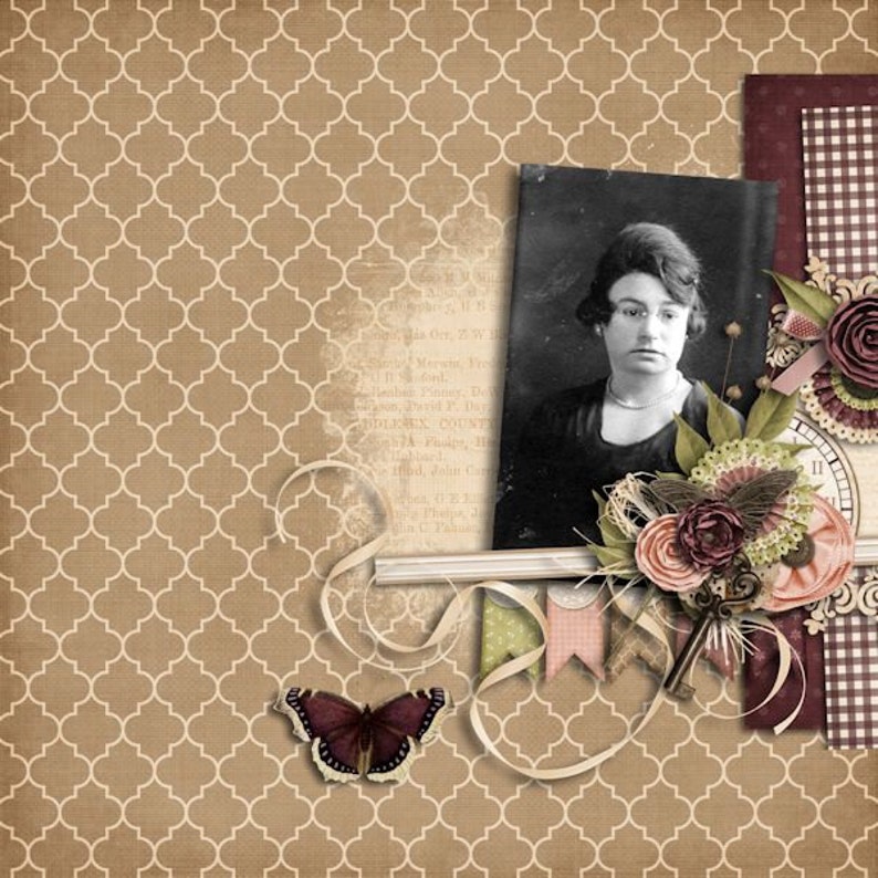 May include: A vintage scrapbook page with a black and white photograph of a woman. The page features a brown and white patterned background, decorative flowers, a butterfly, and banner flags. A clock face is also visible.