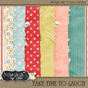 Take Time To Laugh Worn and Torn Patterned Papers, Shabby, Grungy, Digital Scrapbooking Kit