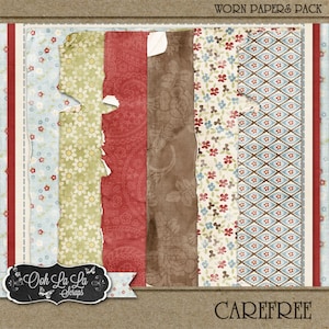 Puede incluir: Un paquete de papel digital con un aspecto desgastado y vintage. El paquete incluye siete papeles diferentes con patrones florales, geométricos y paisley en tonos azules, rojos, verdes y marrones. El texto "WORN PAPERS PACK" y "CAREFREE" es visible en la parte superior e inferior de la imagen.