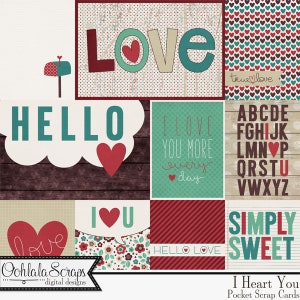 Valentine I Heart You Pocket Scrap Cards Versieringen, Digitale Scrapbook Kit Downloadbaar, Project Life