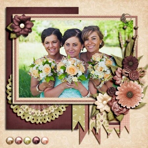 May include: A framed photo collage featuring three women holding bouquets of yellow and white roses. The photo is decorated with floral embellishments in shades of brown, peach, and green, with decorative ribbons and pearl accents.