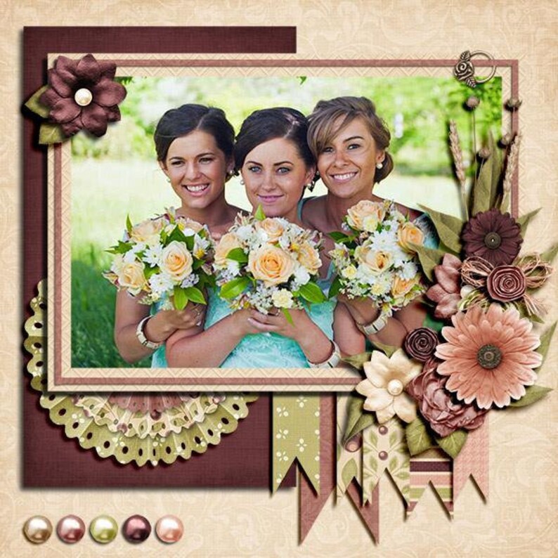 May include: A framed photo collage featuring three women holding bouquets of yellow and white roses. The photo is decorated with floral embellishments in shades of brown, peach, and green, with decorative ribbons and pearl accents.