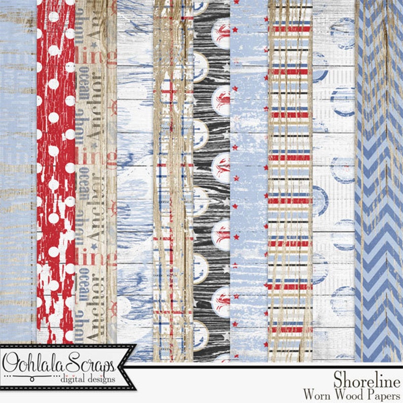 Puede incluir: Un paquete de papel digital con dise&ntilde;os n&aacute;uticos. Los papeles presentan texturas de madera desgastada, lunares rojos y blancos, patrones de chevron azules y motivos de ancla. La paleta de colores incluye rojo, blanco y azul.