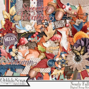 Kit de álbum de recortes digital de otoño Nearly Fall, temporada, elementos y adornos, papeles y fondos