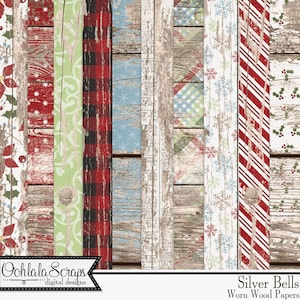 Silver Bells Christmas Winter 12x12 Worn Wood Pattern Papers Digital Scrapbooking