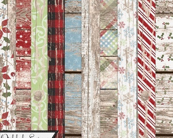 Papeles con estampado de madera desgastada de 12 x 12 con campanas plateadas para Navidad e invierno, para scrapbooking digital