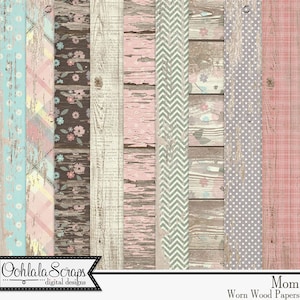 Kit de papiers et d'arrière-plans en bois vieilli 12 x 12 pour scrapbooking numérique, fête des mères