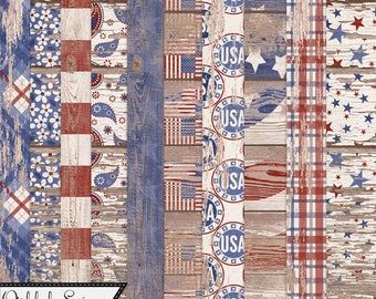 May include: A digital paper pack with 10 different designs featuring red, white, and blue stars and stripes, gingham, paisley, and wood grain patterns. The designs are distressed and worn, giving them a vintage look. The text "Stars and Stripes Worn Wood Papers" is at the bottom of the image.