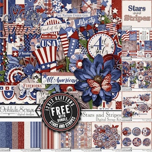 Stars and Stripes Patriotic 4 juli Digi Scrap Kit Bundle Collection, Elements and Embellishments Kit voor digitale scrapbooking