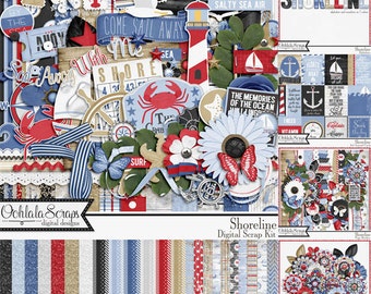 Kit di scrapbooking digitale Shoreline, set completo di elementi e decorazioni.