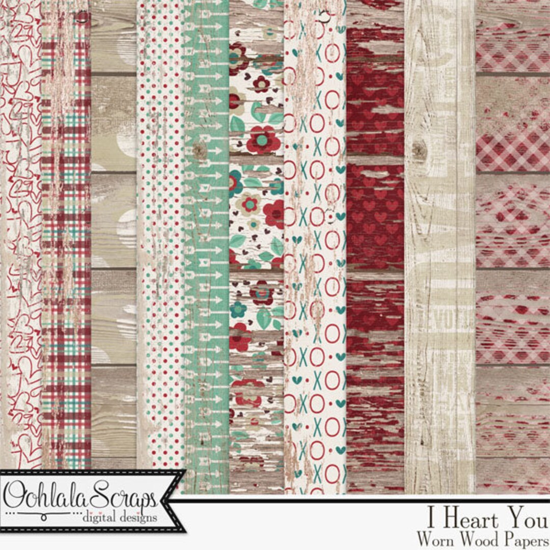 Valentine I Heart You 12x12 Worn Wood Shabby Pattern Papers, Digital ...