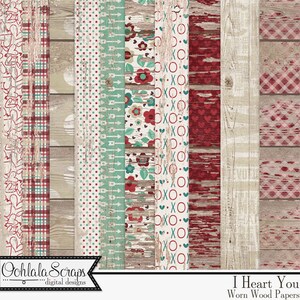 Valentine I Heart You 12x12 Carta modello legno usurato shabby, kit di album digitale scaricabile