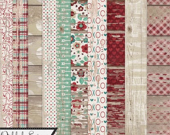 Valentine I Heart You 12x12 Worn Wood Shabby Pattern Papers, Digital Scrapbook Kit Downloadable