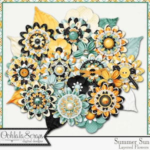 Summer Sun, Layered Flowers Digital Scrapbook Kit, Scrapbooking Elements and Embellishments