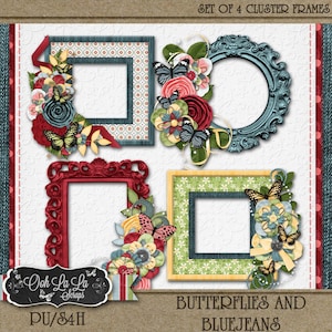May include: Set of four digital scrapbook frames featuring a cluster of butterflies, flowers, and a denim-like pattern. The frames are in red, blue, green, and yellow.