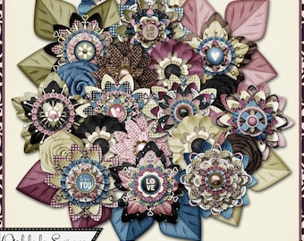 Our Love Story Valentine Layered Flowers,Elements,Embellishments, Digital Scrapbook Kit