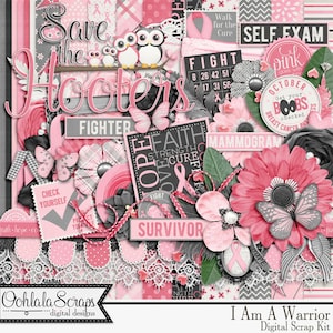 Breast Cancer Awareness, I Am A Warrior digitale scrapbookkit, elementen, versieringen, papieren
