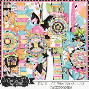 Bordas de página de desejos de aniversário para meninas, kit de scrapbook digital, elementos, enfeites