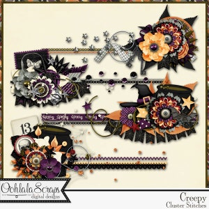 Creepy Halloween Cluster Stitches Elements Digital Scrapbooking Kit, Holiday