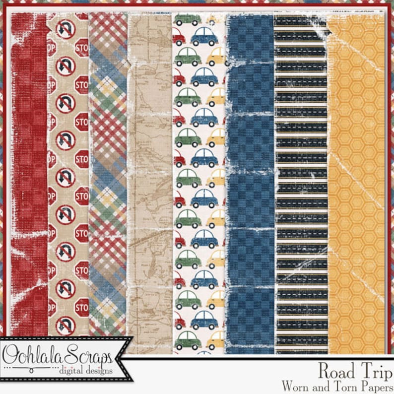 Road Trip 12x12 Worn and Torn Pattern Papers, Digital Scrapbooking Kit ...