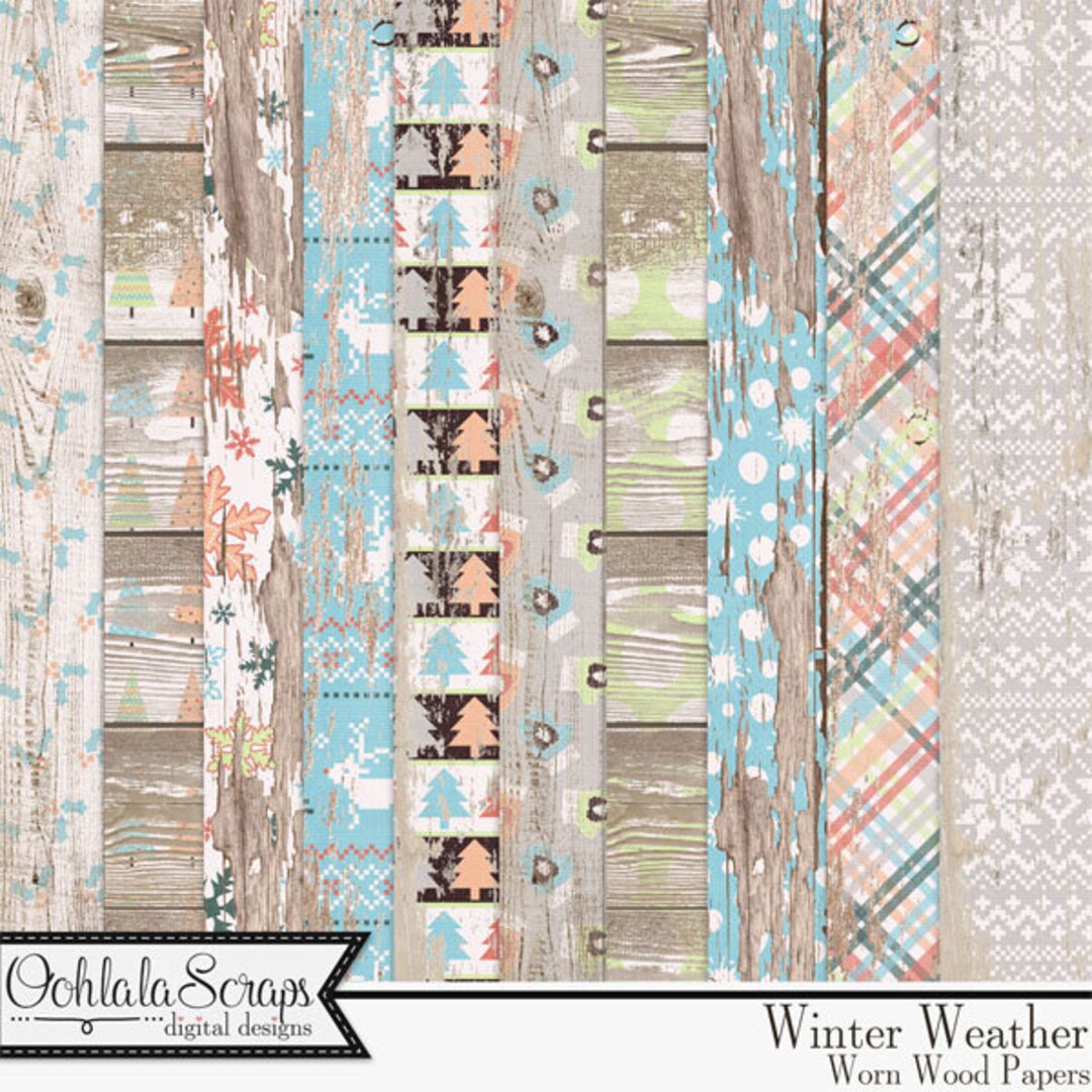 Winter Weather 12x12 Worn Wood Shabby Pattern Papers, Digital Scrapbook ...