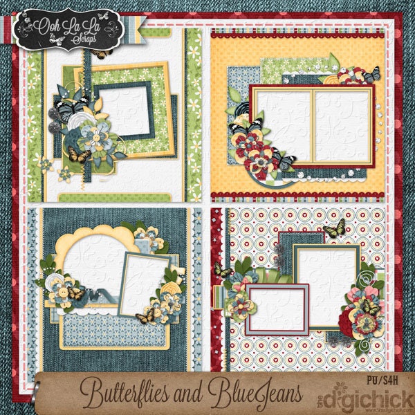 Butterflies and BlueJeans 12x12 Pre-Made Quick Pages Digital Scrapbook Kit - Digital Scrapbooking