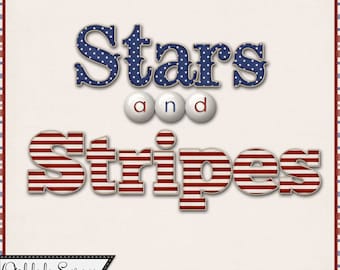 May include: Stars and Stripes alphabet letters in red, white, and blue with a star pattern. The letters are outlined in gray. The word "and" is spelled out with three small white circles with blue and red stars.